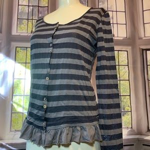 Tee Party Boutique Long Sleeve Striped Top Button Down Ruffle Edge Hem Cute Boho